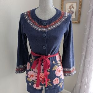 Floral Embroidered Navy Cardigan with Red Accents